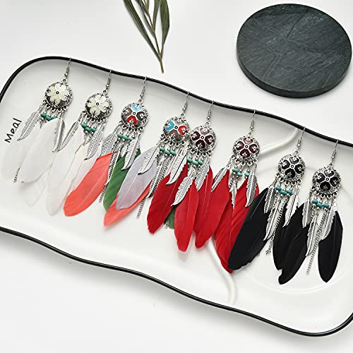 Dreuyet Boho Long Feather Drop Dangle Earrings for Women Retro Bohemian Ethnic Fringe Multicolor Tassel Feather Earring Handmade Statement Dream Catcher Earrings Jewelry - color: Black Round Heart