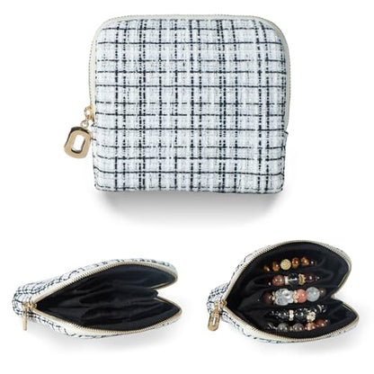 Travel Jewelry Pouch, 5-Layer Tweed Pouch, Black White | Anti-Scratch, Tangle-Free, Bracelets Earrings Necklaces, YKK Zipper Ring Pull, Tweed Fabric, Travel Jewelry Case, Gift - color: WOVEN-BlackWhite