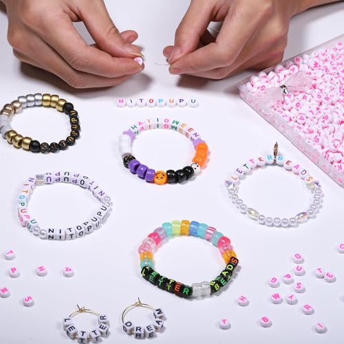 Acrylic Letter Beads Alphabet Pink Letter White Cube Beads for Friendship Bracelets and Gifts Souvenir Jewelry Making Vanlentine‘ Day Gifts(7 * 4mm Round,1000pcs) - color: Pink White(Round)