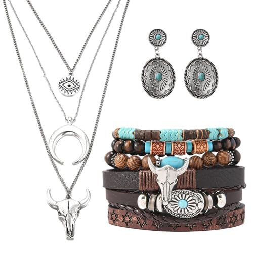Western Jewelry Sets for Women Boho Jewelry, Layer Bohemian Necklace Earrings Bracelet, Cowgirl Accessory Rodeo Summer Beach - color: Silver, Brown