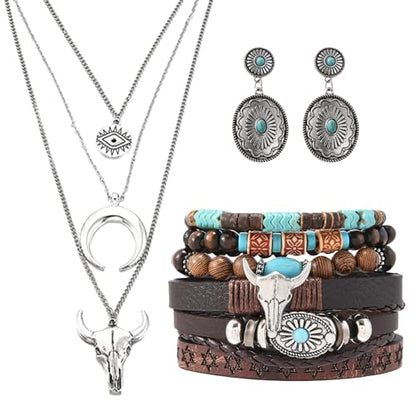 Western Jewelry Sets for Women Boho Jewelry, Layer Bohemian Necklace Earrings Bracelet, Cowgirl Accessory Rodeo Summer Beach - color: Silver, Brown