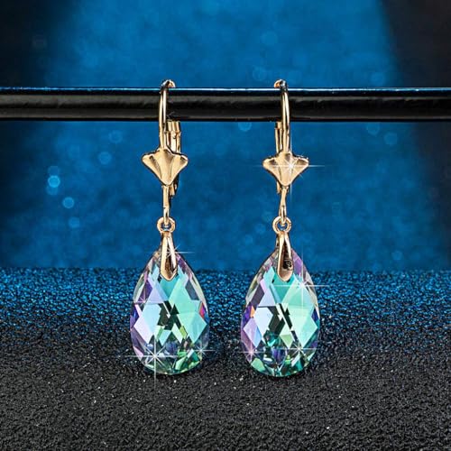 Austrian Crystal Teardrop Leverback Dangle Earrings for Women Fashion 14K Gold Plated Hypoallergenic Jewelry - color: Vitrail Light