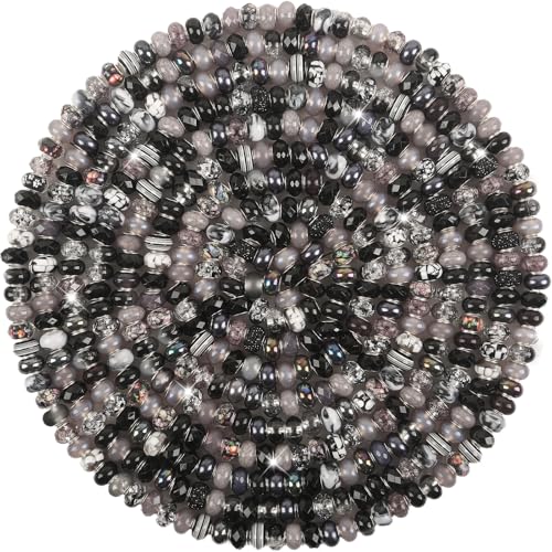 150Pcs Large Hole Beads Spacer Beads Black Assorted European Craft Big Beads Large Hole Lampwork Murano Bead Fairy Wand Garden Beads for DIY Pens Bracelet Necklace Jewelry Making Decoration Supplies - color: Black, size: 150 Pcs