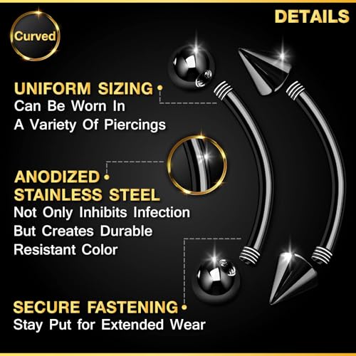 Eyebrow Piercing Jewelry Surgical Steel Curved Barbell Tiny Eyebrow Ring Vertical Labret Lip Jewelry Ear Rook Helix Conch Daith For Women Men 16g 6mm/8mm/10mm/12mm