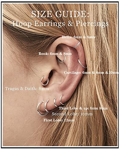 Unisex Dainty Tiny 18k Real Gold Plating Cartilage Huggie Hoop Earrings, 16G Surgical Steel Small Endless Hinged Hoops Earring for Earlobe Cartilage Helix Rook Daith Conch Nose Lip Body Piercing Jewelry - color: Silver 6/8/10mm