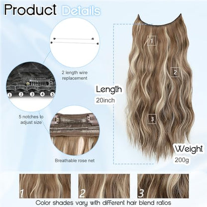 Ash Brown Halo Hair Extensions with Beach Blonde Highlights | 20 Inch Wavy Synthetic Fiber with Invisible Wire and 4 Secure Clips for Easy Daily Styling and Party Wear - color: Ash Brown with Beach Blonde
