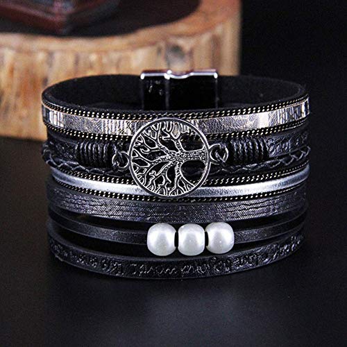 TGLS Women Tree of Life Leather Bracelets Multi-Layer Wraps Wristband Layered Wrap Bangle Cuff Bracelets for Friends Sisters Birthday Gifts - color: Black