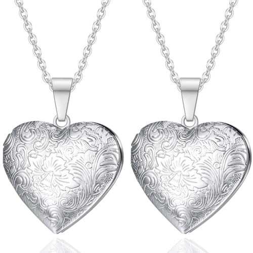 2 Pcs Locket Necklace that Holds Pictures Stainless Steel Locket Pendant Necklace Image Chain Necklaces for Women - color: Love Heart 2