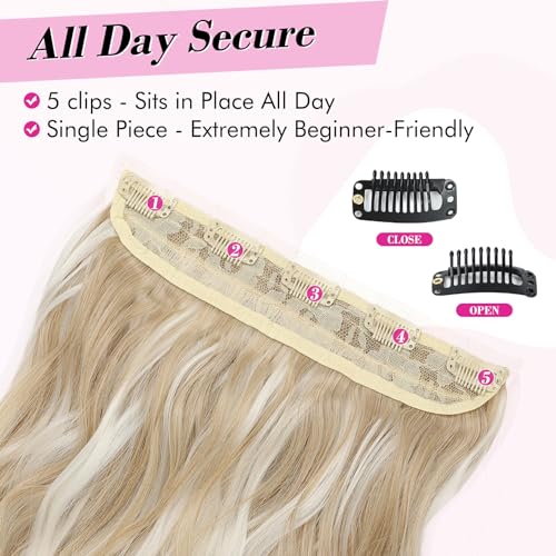 REECHO Blonde Hair Extensions, 20” One Piece Clip in Hair Extensions Thick Long Beach Wavy Natural Soft Synthetic Hairpieces for Women, Ash Blonde with Highlights - color: Ash Blonde with Highlights - Wavy, size: 20 Inch (Pack of 1)