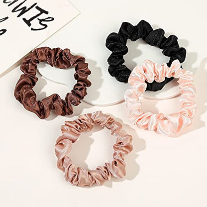 Satin Silk Hair Ties Small Mini Scrunchy for Women Cute Ponytail Holders Mini Bulk Scrunchies Elastic Hair Bands for Thick Curly Hair Pony Tails Hair Ties (12 Pcs) - color: Pink-brown