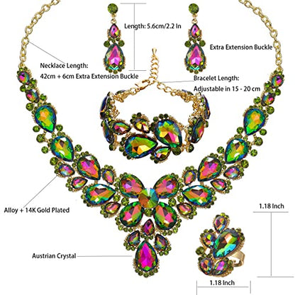 Women's Wedding Bridal Austrian Crystal Glass Teardrop Statement Necklace Dangle Earrings Bracelet Ring Wedding Party Jewelry Set for Bridal Bridesmaid - color: Rainbow-Gold Plated