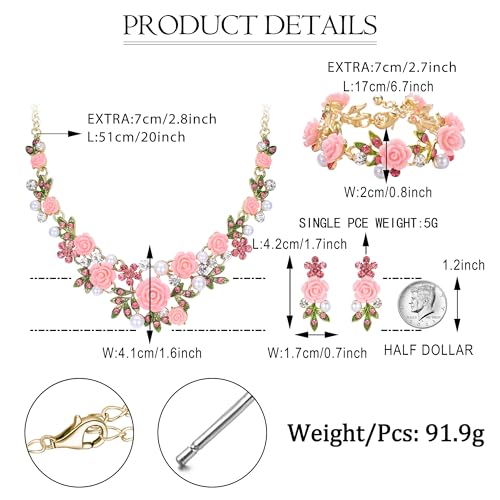 EVER FAITH Costume Jewelry Crystal Simulated Pearl Rose Flower Leaf Prom Party Statement Necklace Earrings Bracelet Set for Women - color: Pink Gold-Tone