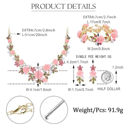 EVER FAITH Costume Jewelry Crystal Simulated Pearl Rose Flower Leaf Prom Party Statement Necklace Earrings Bracelet Set for Women - color: Pink Gold-Tone