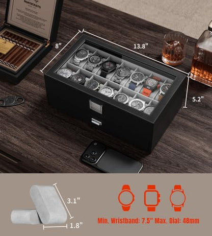 Watch Case Box for Men - 14 Slots Watch Display Organizer with Glass Lid, Double Layer PU Leather Jewelry Storage with Drawer, Gift for Husband Boyfriend Dad, Black - size: 14 Slots, Black