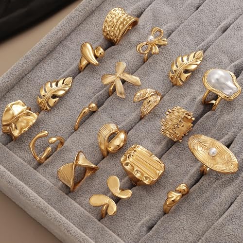 31 Pcs Chunky Gold Rings Fashion Stackable Rings for Women Statement Womens Rings Set Knuckle Band Ring Jewelry Gifts - style: Golden 18 pcs