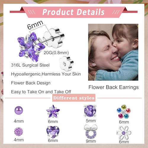 Staligue 8 & 21 Pairs Hypoallergenic Screw Back Earrings for Women – 20G Surgical Steel Flat Back Studs with Heart, CZ, Pearl, Star & Ball Designs | Tiny Cartilage Jewelry Options - color: Purple