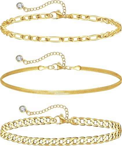 Plus Size Ankle Bracelets for Women - Extra Large 10"+2" Adjustable Anklet 14K Real Gold Plated Anklet Cuban Link, Figaro, Rope, Snake Herringbone - Summer Beach Waterproof Foot Jewelry - color: Curb,Figaro,Snake