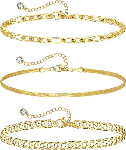 Plus Size Ankle Bracelets for Women - Extra Large 10"+2" Adjustable Anklet 14K Real Gold Plated Anklet Cuban Link, Figaro, Rope, Snake Herringbone - Summer Beach Waterproof Foot Jewelry - color: Curb,Figaro,Snake