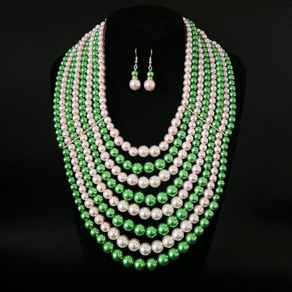 Multilayer Strand Chain Faux Pearls Flapper Beads Cluster Long Choker Necklace - color: Pink Green Necklace（Mix Random）