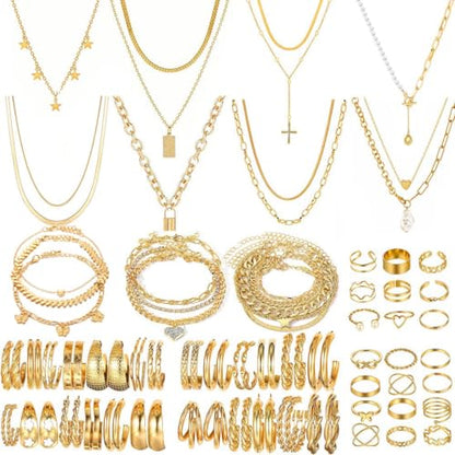Stocking Stuffers Gold plate and Silver Plated Jewelry Sets Stocking Stuffers for Women Costume Jewelry Chain Necklace Bracelet Earrings and Rings Sets for Women Bulk Jewelry - color: JJG66Hgold