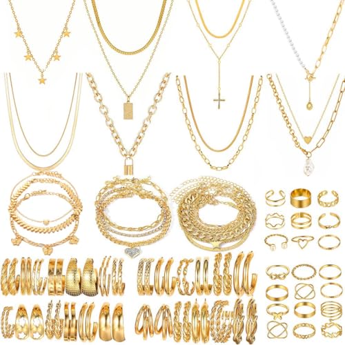 Stocking Stuffers Gold plate and Silver Plated Jewelry Sets Stocking Stuffers for Women Costume Jewelry Chain Necklace Bracelet Earrings and Rings Sets for Women Bulk Jewelry - color: JJG66Hgold