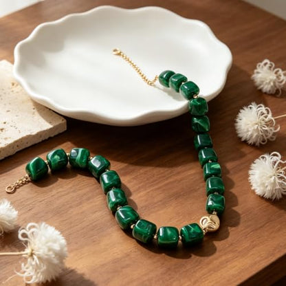 Chunky Beaded Necklace for Women,Square Resin beads boho Choker Necklace with gold-tone spacers,Fashion Trendy Summer Beach Party Necklaces Handmade Surfer Beach Necklaces Jewelry Gifts - color: Dark-Green
