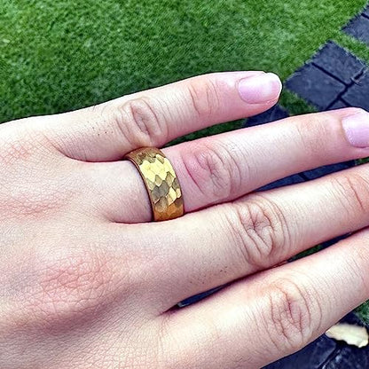 8mm Tungsten Carbide Genuine Natural Koa Wood Inner Inlay Ring Black/Gold/Silver/Rose Gold Wedding Band Hammered Textured Flat Style Comfort Fit Gift Box Included - color: Hammered Gold Tungsten