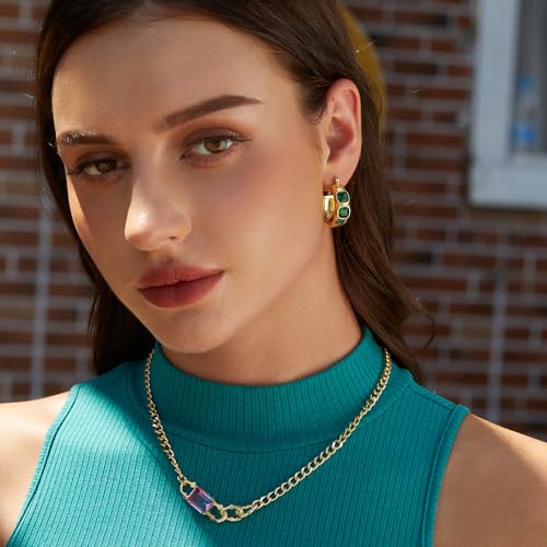 FRUMOS 18K Gold Plated Chunky Hoop Earrings for Women Fashion Thick Gold Hoops Set Jewelry for Birthday Christmas Gifts - color: Green CZ-2 Hoop