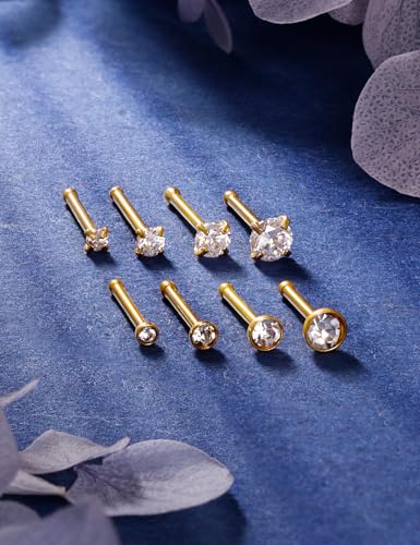 18G 20G 22G Titanium Stainless Surgical Steel Nose Rings Studs for Women L Shaped Nose Studs Screw Nose Ring Piercing Jewelry for Women Men Diamond CZ 1.5mm 2mm 2.5mm 3mm Silver Black Gold - style: 20g/Clear CZ/Straight/Gold