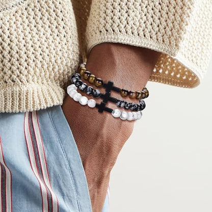 Mens Beaded Bracelets Set 8MM Tiger Eye Lava Stone Stretch Natural Stone Men's Bead Bracelet Mens Bracelet - color: 4,Cross Bead Bracelet