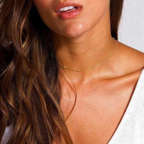CHESKY 14K Gold Plated Silver Dainty Satellite Choker Necklace for Women | Layered Beaded Chain Necklace, Thin Choker Jewelry, Dainty Gold necklace, Minimalist Trendy Jewelry, Daily Gift for Women - style: Beaded+Gold
