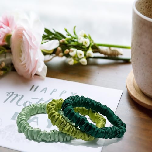 VLOMOT 3 Pcs Set 100% Pure Mulberry Silk Hair Scrunchies (Green) | Silk Hair Ties for Thin Hair with 3 Chic Colors Everyday Skinny Scrunchies Silk Ponytail Holders Hair Care No Damage - color: Green