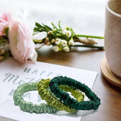 VLOMOT 3 Pcs Set 100% Pure Mulberry Silk Hair Scrunchies (Green) | Silk Hair Ties for Thin Hair with 3 Chic Colors Everyday Skinny Scrunchies Silk Ponytail Holders Hair Care No Damage - color: Green