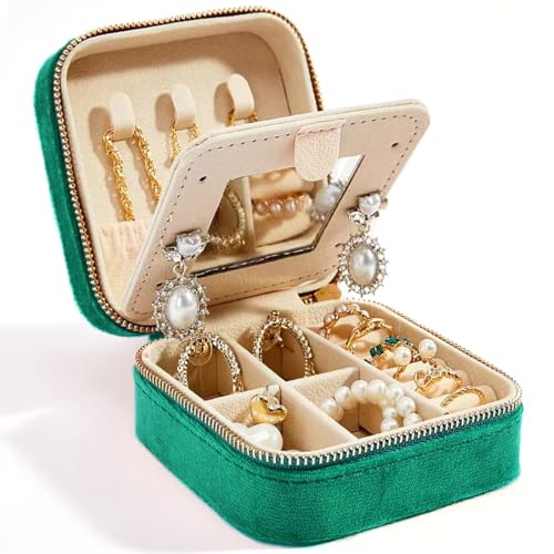 Travel Velvet Jewelry Box with Mirror, Mini Gifts Case for Women Girls, Small Portable Organizer Boxes for Rings Earrings Necklaces Bracelets - color: PlushVelvet-Green