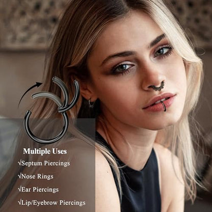 Besteel Hypoallergenic Septum Rings 16G 8mm Surgical Steel Clicker Nose Rings Hoops Set Small Lip Cartilage Helix Daith Piercing Jewelry for Women Men 16 Pcs Gold Silver Black - color: Black