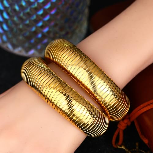 Gold Chunky Stretch Snake Chain Bangle Bracelets Stack for Women Trendy, 18K Gold Filled Stainless Steel Stretchy Womens Stackable Wristband Bangles Bracelet Set - style: 20MM 2PCS