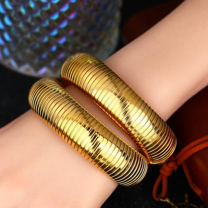 Gold Chunky Stretch Snake Chain Bangle Bracelets Stack for Women Trendy, 18K Gold Filled Stainless Steel Stretchy Womens Stackable Wristband Bangles Bracelet Set - style: 20MM 2PCS
