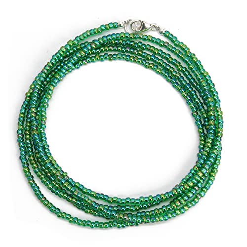 Kathy Bankston Handmade Transparent Rainbow Emerald Green Seed Bead Necklace, Thin 1.5mm Single Strand