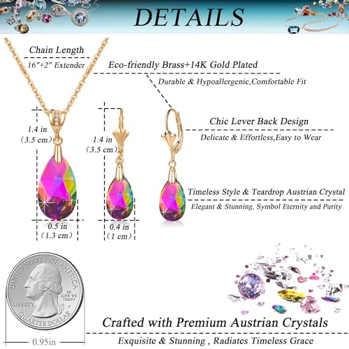 Austrian Crystals Teardrop Pendant Necklace Earrings for Women 14K Gold Plated Hypoallergenic Leverback Drop Dangle Earrings Jewelry Set - color: Vitrail Medium