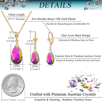 Austrian Crystals Teardrop Pendant Necklace Earrings for Women 14K Gold Plated Hypoallergenic Leverback Drop Dangle Earrings Jewelry Set - color: Vitrail Medium