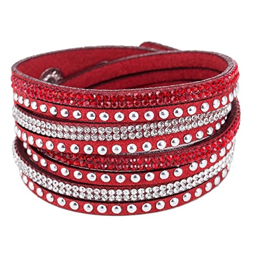 Long tiantian Leather Wrap Bracelets for Women Boho Multi Layered Bracelets Western Jewelry Hot Pink Accessories Birthday Gifts - color: red