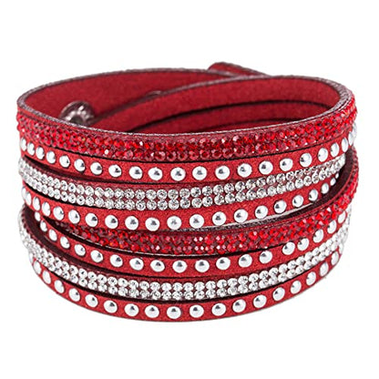 Long tiantian Leather Wrap Bracelets for Women Boho Multi Layered Bracelets Western Jewelry Hot Pink Accessories Birthday Gifts - color: red