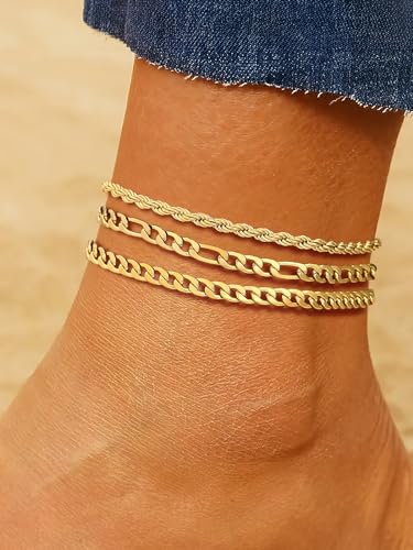 U7 2Pcs/3Pcs Ankle Bracelets for Women, Stainless Steel Cuban Link/Figaro/Rope/Heart Chain Anklets Sets,Waterproof Layered Anklets Adjustable 8.5"-10.5" - color: 03. 3Pcs Style A-Gold