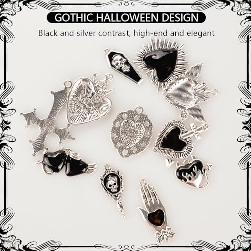 Giata11 Pcs Large Gothic Style Black Cross Skull Tombstone Heart Pendants Goth Halloween Charms for Jewelry Pendants Making DIY Craft Supplies - color: Black