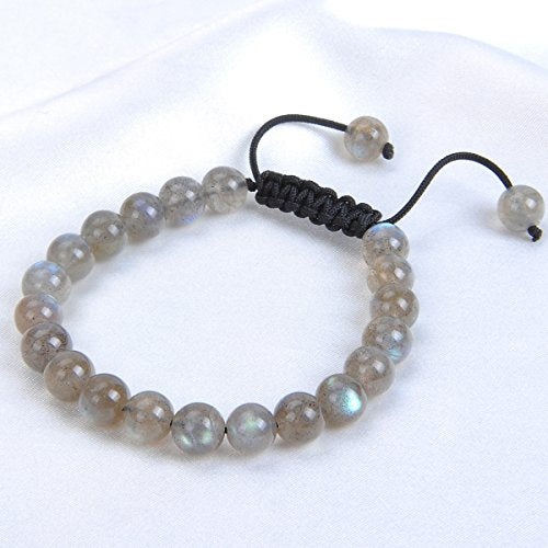 MASSIVE BEADS Natural Healing Power Gemstone Crystal Beads Unisex Adjustable Macrame Bracelets - color: Labradorite, size: 8mm