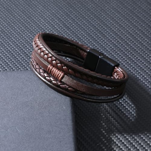 Grevosea Men's Braided Bracelet, Adjustable Brown Knot Mens Leather Multi-strand Bracelet Gift for Husband Boyfriend - color: Brown