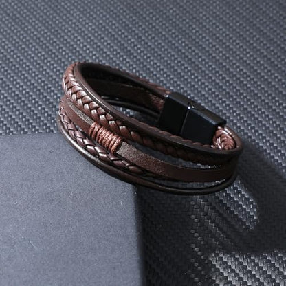 Grevosea Men's Braided Bracelet, Adjustable Brown Knot Mens Leather Multi-strand Bracelet Gift for Husband Boyfriend - color: Brown