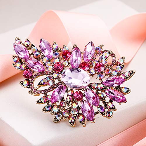 EVER FAITH Women's Austrian Crystal Wedding Flower Leaf Bouquet Brooch - color: Pink Antique Gold-Plated-Base