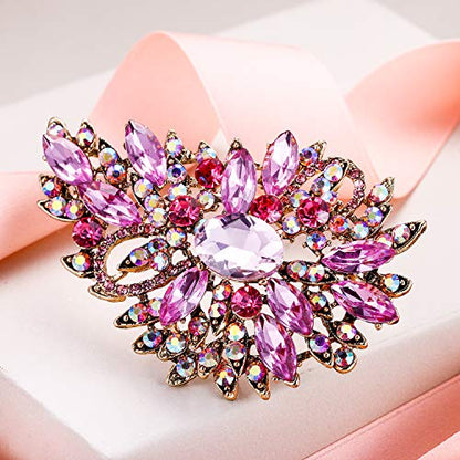 EVER FAITH Women's Austrian Crystal Wedding Flower Leaf Bouquet Brooch - color: Pink Antique Gold-Plated-Base