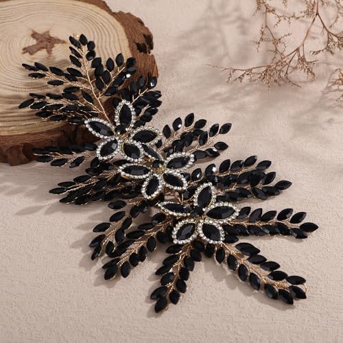 Teyglen Large Full Rhinestone Headband Flower Crystal Bride Wedding Headband Hair Vine Bridal Rhinestone Headpiece Wedding Hair Accessories for Women Party Prom (Black) - color: Black